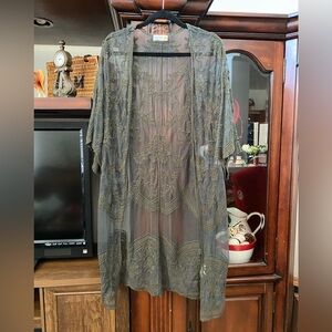 Boho Green Lace Romantic Duster Open Front Bell Sleeve Fairy Witchy sz M